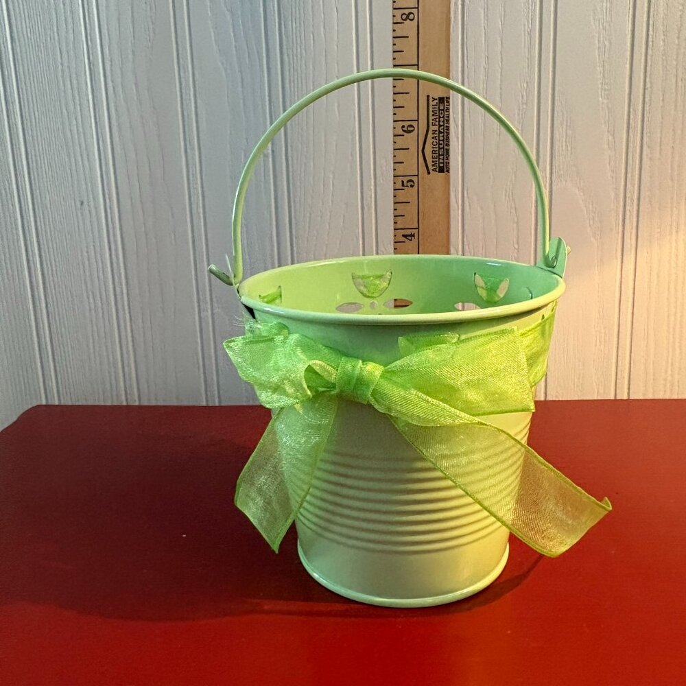 Pastel mint green pail with ribbon for easter or spring decor